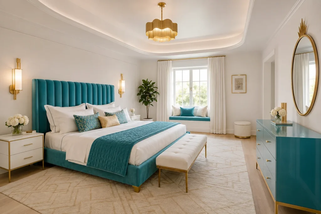 Adding Gold Accents to a Turquoise and White Bedroom Design