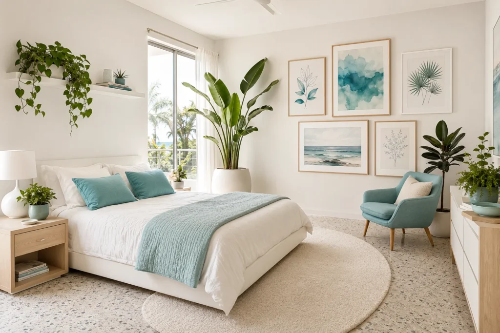 Adding Plants and Artwork to a Turquoise and White Bedroom Design