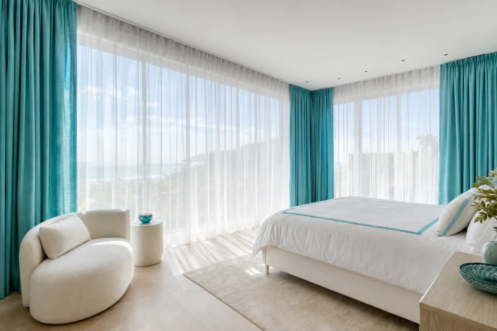 Choosing Curtains for a Bright Turquoise and White Bedroom Design