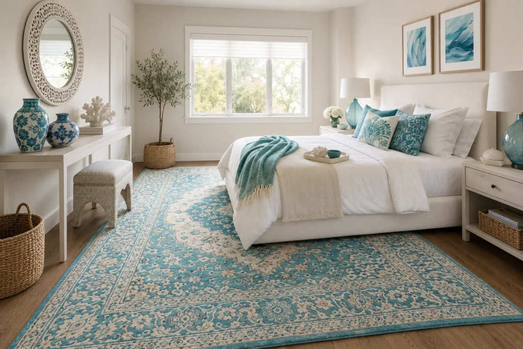 Choosing Rugs and Accessories for a Turquoise and White Bedroom Design