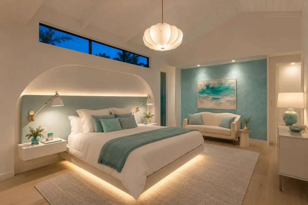 Improving Lighting in a Turquoise and White Bedroom Design