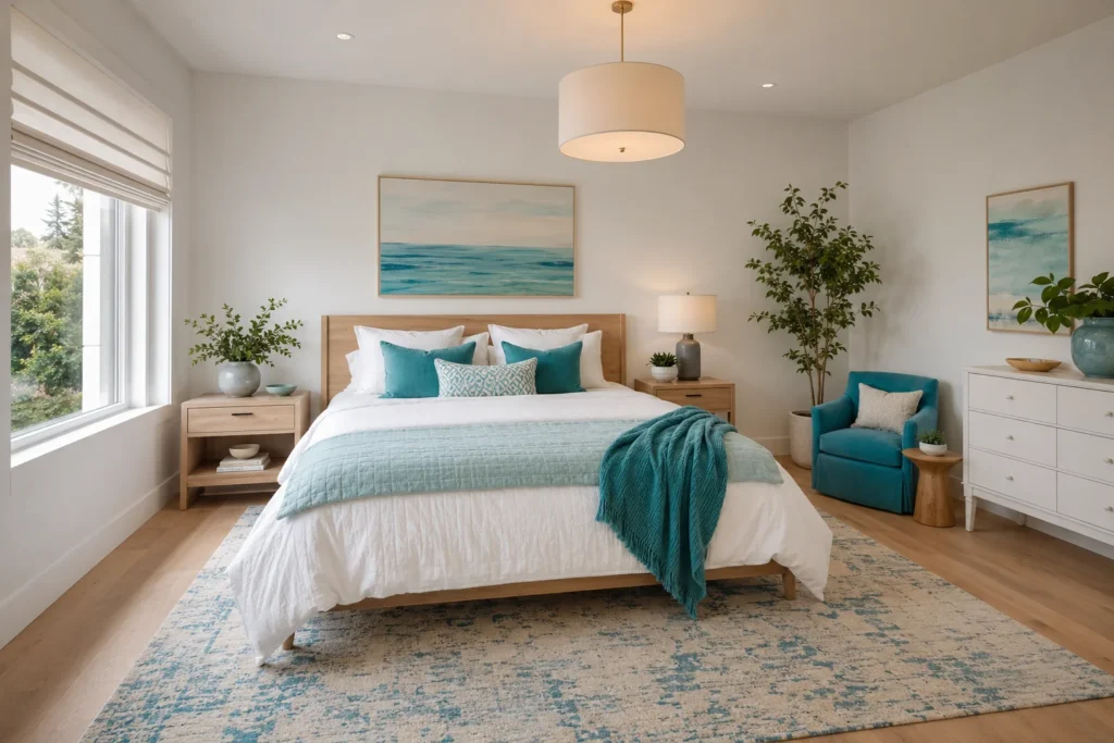 Styling the Bedding in a Turquoise and White Bedroom Design